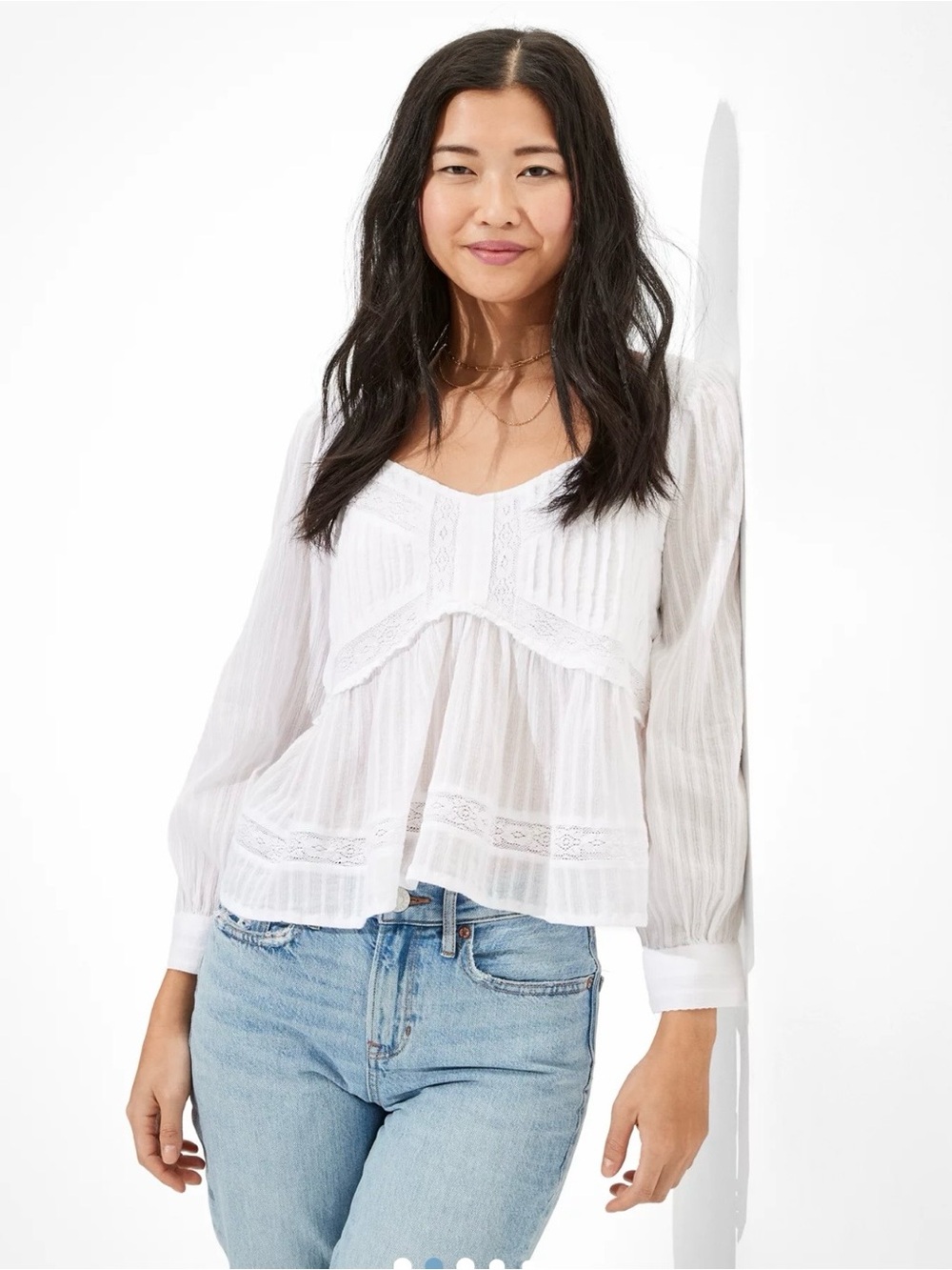 American Eagle White Cotton Babydoll Ruffle Lace Top
